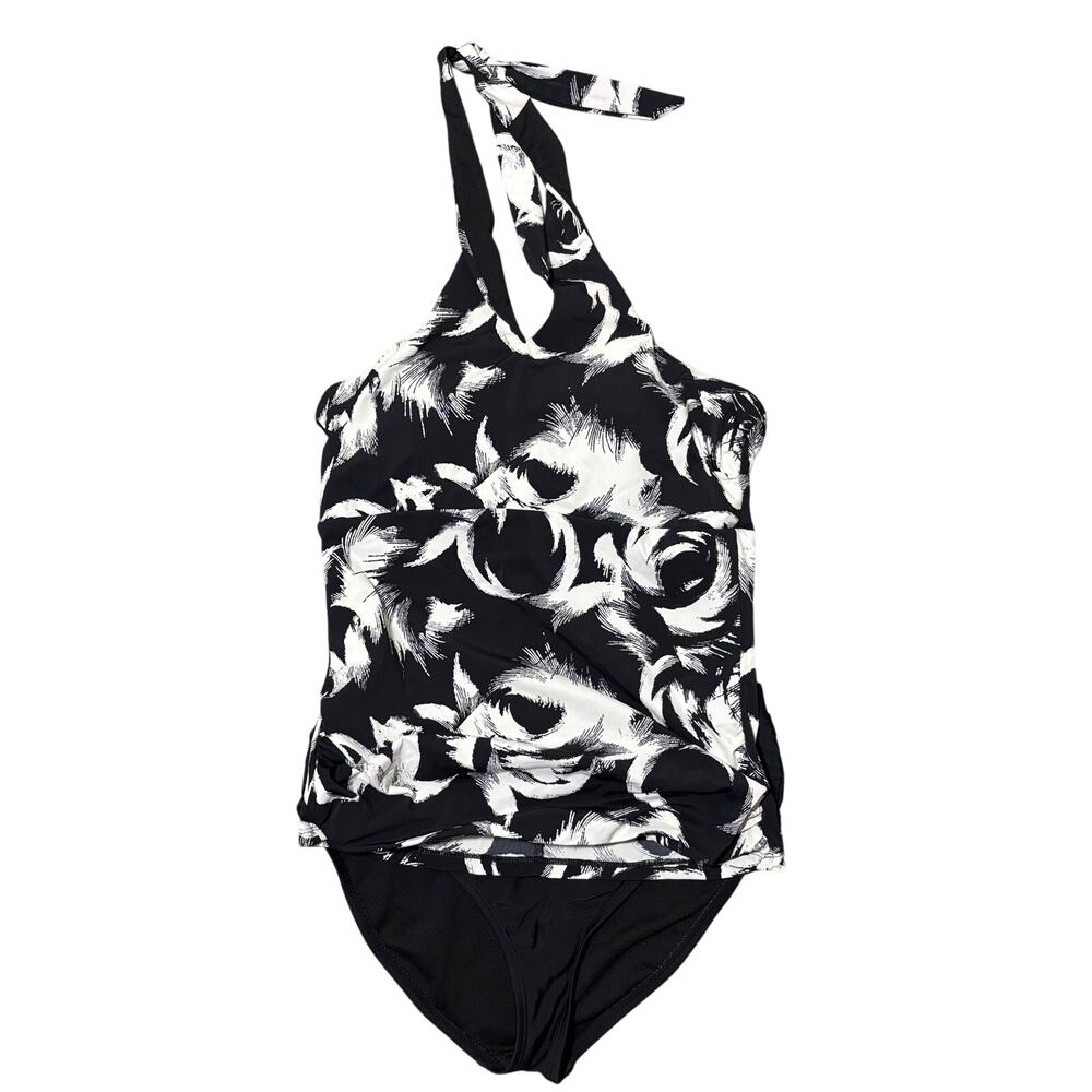 SPANX Shaping Tankini Set Swimsuit Black White Print Size 12